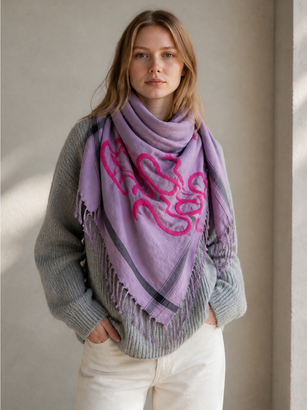 Leigh & Luca Lavender & Hot Pink Wavy Fringe Scarf